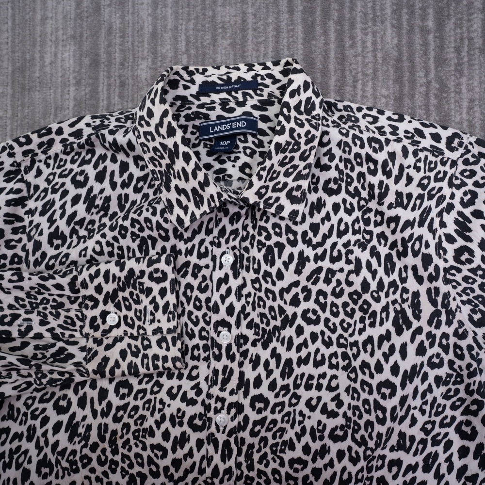 Lands' End No Iron Supima Cotton Leopard Print Button Up Shirt Petite 10P
